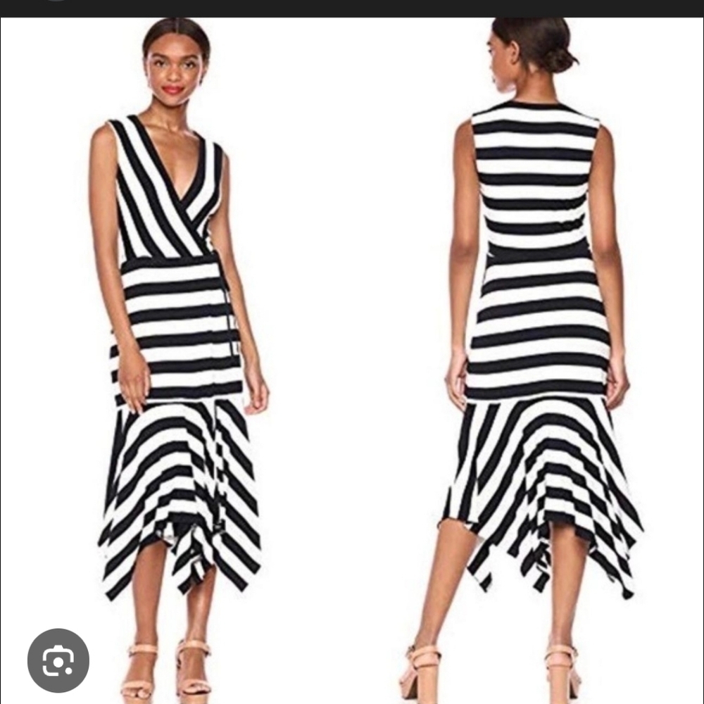 Bailey 44 Alexandria Black White Striped Midi Dress Asymmetrical Hem